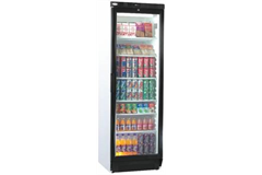 large glass door cooler with variety of soft drinks in 