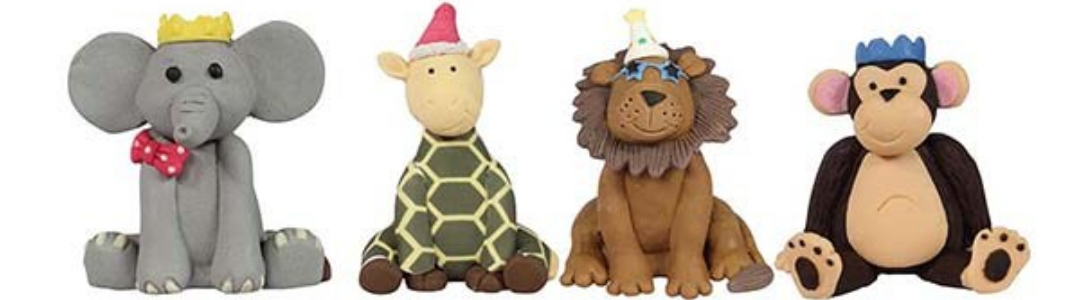 FOUR ANIMAL CAKE TOPPERS WITH PARTY HATS ON
